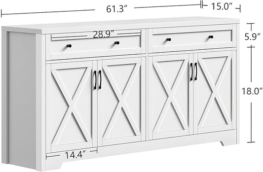 61'' Farmhouse Sideboard Buffet Cabinet with Storage, Large Kitchen Storage Cabinet with Barn Doors Drawers, White Coffee Bar Table for Dining Room Kitchen