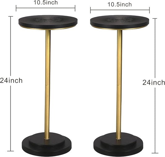 Drink Table Set of 2, Small Round Pedestal Side Table with Carved Top for Living Room, Bedroom, Small Space, Corners and Office, Gold and Black