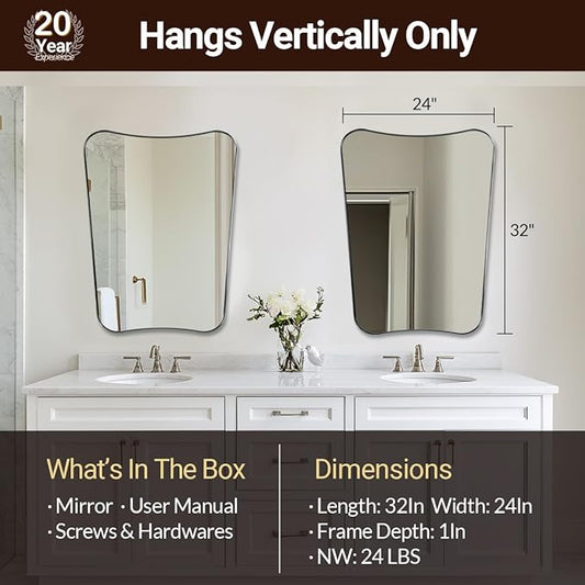 ANDY STAR Brushed Nickel Mirror, 24x32 Inch Bathroom Scalloped Mirror, Anti-Rust Stainless Steel Metal 1’’ Frame, Unique Frame Design Ideal for Bathroom, Entryway, Powder Room