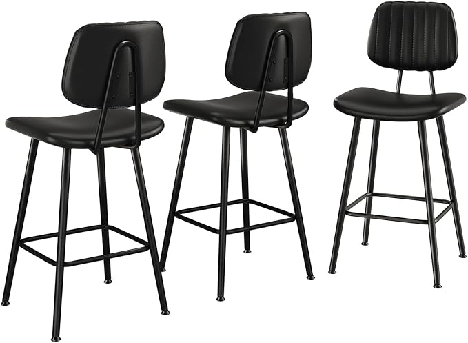 24-Inch Leather Bar Stools Set of 3, Counter Height Barstools with High Backrest,Bar Chairs for Kitchen Island with Heavy Duty Metal Legs, Black
