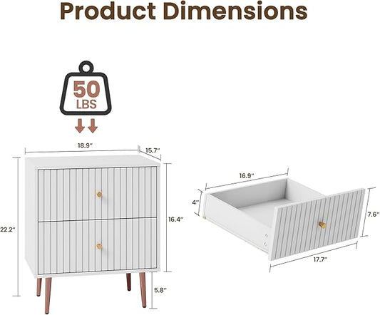 White Night Stand Set 2,Modern Bedside Table with 2 Drawers Storage,Fluted Nightstand and Wood End Side Table with Rose Gold Metal Legs and Handles for Bedroom,White