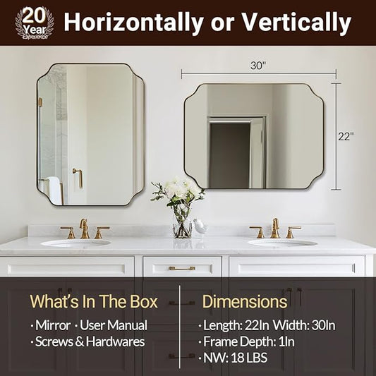 ANDY STAR Brushed Gold Mirror, 22"x30" Bathroom Vanity Mirror, Rounded Rectangle Bathroom Mirror with Rust-Proof Stainless Steel 1" Frame, Wall Mounts Horizontally or Vertically