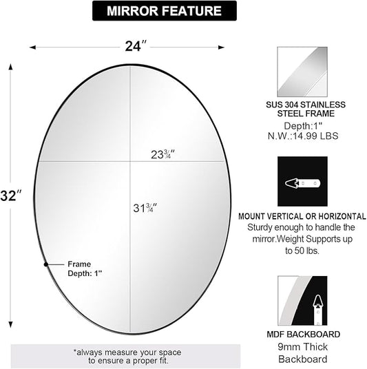 ANDY STAR Chrome Bathroom Mirror, 24x32 Inch Polished Chrome Oval Wall Mirror for Bathroom, Modern Chrome Wall Mirror Pill Shaped Stainless Steel Metal Mirror