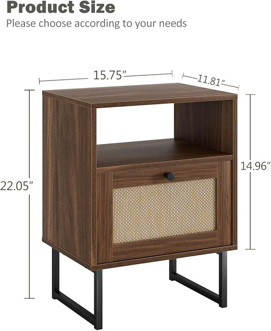 Rattan Nightstand, Boho Night Stand Farmhouse Wood Bedside Table with Storage and Open Shelf, End Side Accent Table for Bedroom,Living Room,Walnut