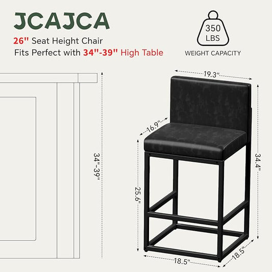 Barstools Set of 2 Black Metal Bar Stools Modern Bar Chairs Pu Leather for Kitchen Island Counter Height Cafe Resturant Stools, 26 Inch