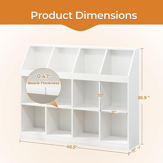 12-Cube Wooden Storage Bookcase - 11-Inch Open Shelf Cabinet, Simple Modern Bookshelf Organizer for Home Office, Living Room, White