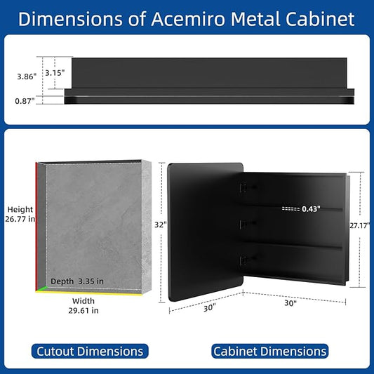 30x32 Inch Bathroom Medicine Cabinet with Mirror Black Metal Framed Mirror Cabinet Recessed or Surface Wall Mounted Medicine Cabinets for Bathroom