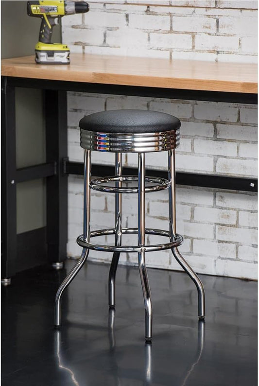 TRINITY Heavy Duty 30-Inch Backless Swivel Bar Stool for Kitchen, Garage, or Workshop, Chrome Finish with Faux Leather Seat, 1 Pack Pre-Assembled, Black