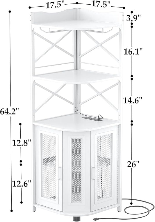 Aheaplus Corner Bar Cabinet with Power Outlet, Industrial Wine Cabinet with LED Strip and Glass Holder, 5-Tiers Liquor Cabinet Bar Unit for Home, Corner Display Cabinet for Small Space, White