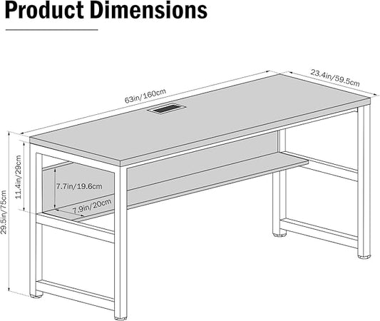 TOPSKY Computer Desk with Bookshelf/Metal Hole Cable Cover 1.18" Thick Desk (Oak Brown, 63")