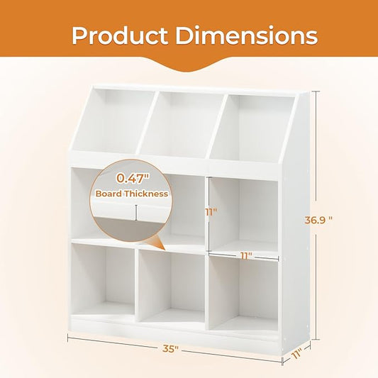 9-Cube Wooden Storage Bookcase - 11-Inch Open Shelf Cabinet, Simple Modern Bookshelf Organizer for Home Office, Living Room, White