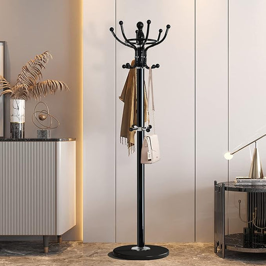 Kertnic Freestanding Coat Rack with 16 Hooks & Marble Base - Heavy Duty Metal Hall Tree Stand for Entryway, Hats, Coats, Bags Rack- Modern Hanger Organizer for Home, Office, Dorm (16 hooks -Black)
