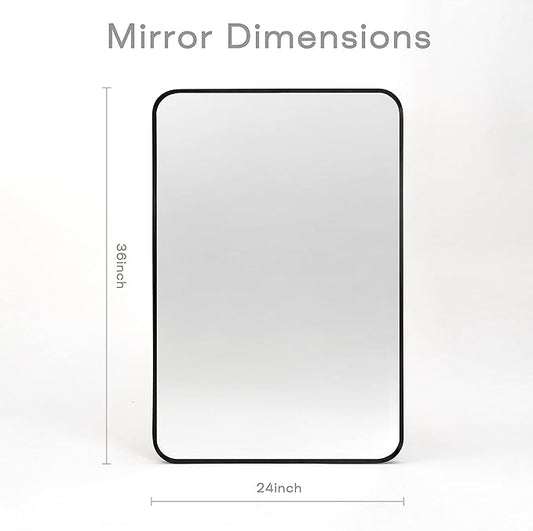 Wall Mount Mirror for Bathroom, Brushed Black Metal Framed Rounded Corner Rectangular Vanity Mirror (24" x 36", Black)