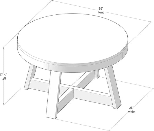 Plank+Beam Classic Round Coffee Table, 30 Inch Farmhouse Coffee Table, Rustic Mini Center Tables for Small Spaces, Small Living Space Tea Table, Seashell Wirebrush