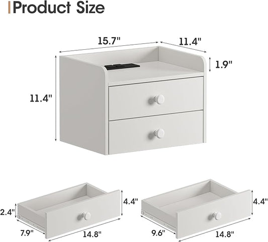 Floating Nightstand Set of 2 with 2 Storage Drawers and Charging Station Wood Wall Mounted Bedside End Table Modern Night Stands Set 2 for Bedroom,Small Space,White