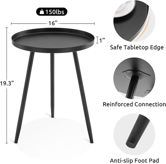Apicizon 16" Round Side Table, Black End Table for Living Room, Bedside, Mid Century Modern Coffee Table or Circle Accent Table for Small Spaces, Metal Nightstand (Black)