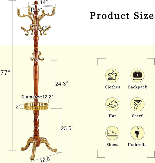 Solid Wood Coat Rack Freestanding, 77" Adjustable Hall Tree Hanger With Hooks, Coat Hanger Stand for Hanging Clothes Bags Hats in Living Room Bedroom