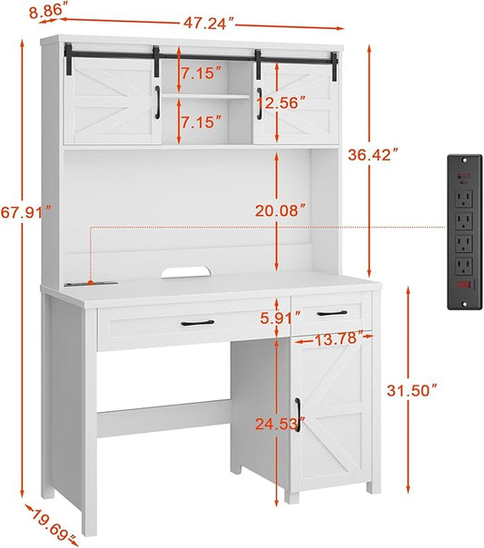 Farmhouse 47" Executive Desk, Computer Desks with 2 Drawers and Storage Cabinet, Home Office Desk with Hutch and Charging Station, Workspace for Work and Study. (Cream White)