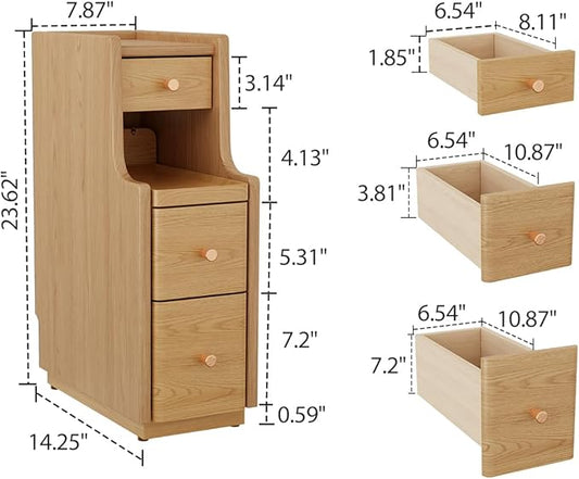 Narrow Nightstand with 3 Drawers,Solid Wood Small Nightstand Natural, Modern Small Bedside Tables for Bedroom(Fully Assembly)