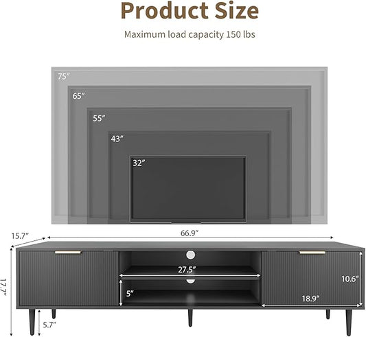 GarveeHome Black TV Stand, TV Stands for Living Room 75 inch, Entertainment Center with 2 Large Storage Cabinets, Media Console Table, Metal Handle Door, TV Stand for Bedroom, Office Furniture