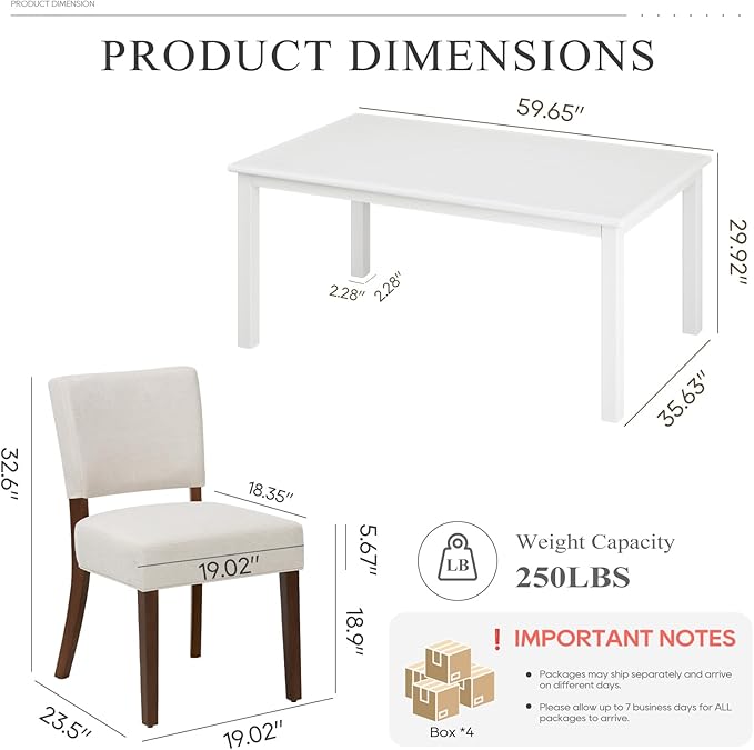 COLAMY 60 Inch Rectangular Kitchen Dining Table for 6, Modern Farmhouse Dining Table Set for 6, Wood Dining Table and Kitchen Dining Chairs for Dining Room, Restaurant, White/Beige