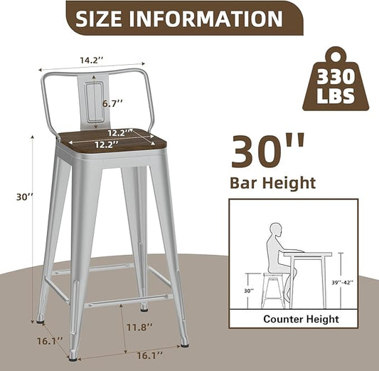 30 Inch Swivel Bar Stools Set of 4, Counter Height Bar Stools with Low Back, Metal Industrial Bar Chairs for Kitchen Island (Silver)