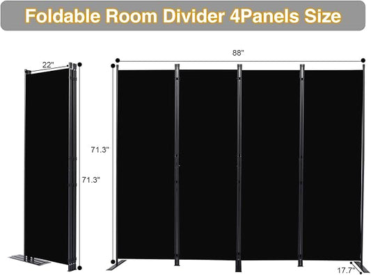 Room Divider, 4 Panel Folding Privacy Screens with Wider Feet, 6 Ft Portable Room Partition for Room Separator, Room Divider Panel 88" W X 71" H, Partition Room Dividers Freestanding,Black
