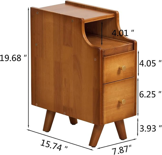Small Nightstand, Narrow Nightstand, Solid Slim Wood Night Stand for Small Spaces, Couch, Walnut Color 7.87in Wide