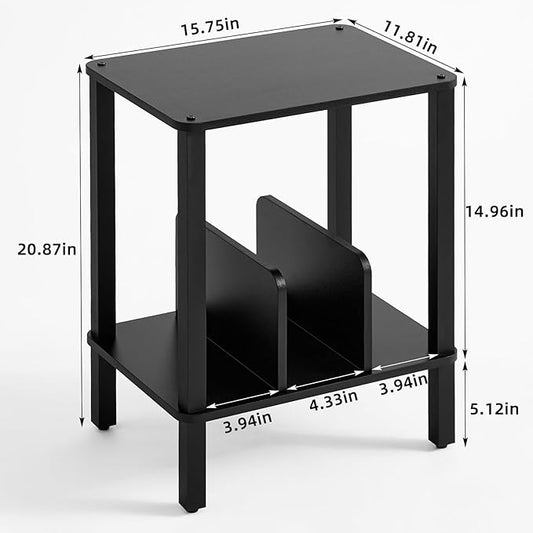 LELELINKY 2-Tier Bamboo Record Player Stand Set of 2 with Vinyl Record Storage up to 100 Albums, Boho Bedroom Record Holder and Multi-Functional End Table for Living Room, Black