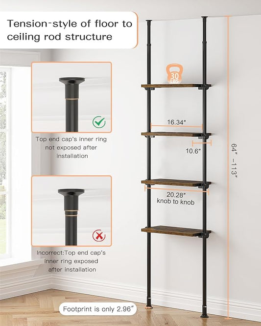 ALLZONE Adjustable Tall Narrow Bookshelf for Bedroom, 4-Tier Ladder Bookcase for Small Spaces, Tension Mount Tall Skinny Book Shelf with Open Storage, 64 to 113Inch Height