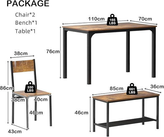 SogesHome 4-Piece Dining Table Set for 4 - Space-Saving Kitchen Set with Bench and Chairs, Ideal for Restaurants and Coffee Shops, Vintage Brown