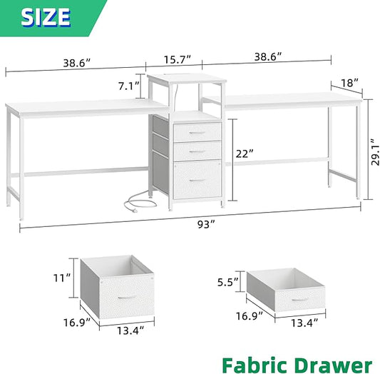 93'' Two Person Desk with Charging Station, Long Desk with 3 Drawers and Printer Shelf, Double Computer Desk, Fabric Drawers, 2 Person Writing Study Table Workstation for Home Office, White