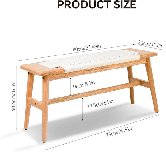 Solid Wood Entryway Bench, Wooden Dining Benches for 2, End of Bed Bench w/Hand-Woven Rope for Bedroom Kitchen Dining Room Living Room Entry Décor (White Rope, 31.49" L)