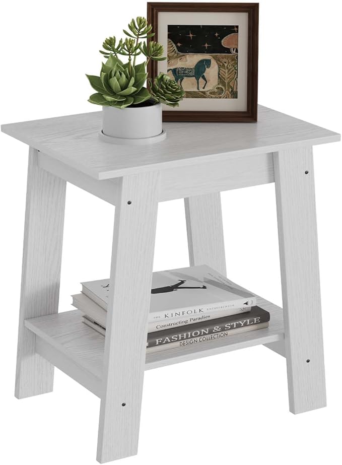 End Table with Double Storage Shelves, Small Space Side Table for Farmhouse Bedroom, Studio Apartment, Entryway, White