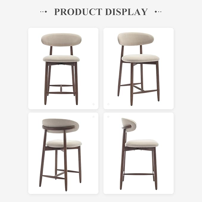 COLAMY Counter Height Bar Stools Set of 4, Kitchen Bar Stools with Back, Mid Century Modern Upholstered Bar Stools with Wood Legs for Kitchen Island Dining Room Bar, Beige