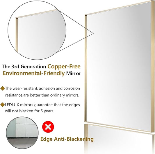 26x36 Inch Gold Bathroom Mirror - Copper-Free Mirror, Aluminum Alloy Frame Vanity Rectangle Wall Mounted Modern Mirror for Bedroom/Living Room/Porch Horizontal or Vertical