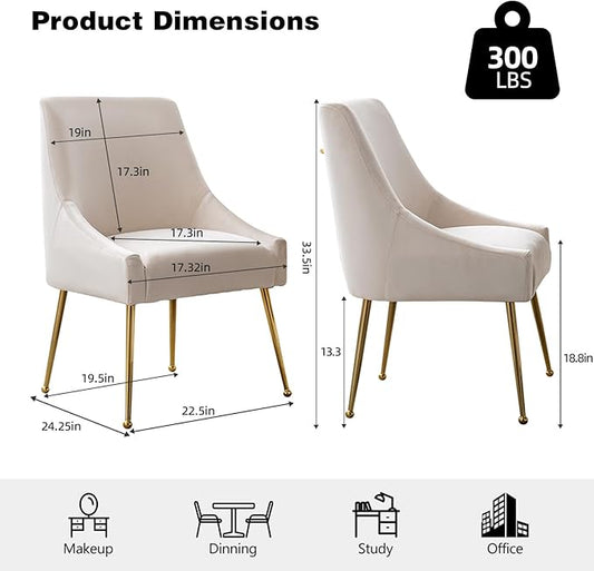 Velvet Dining Chairs Set of 2, Upholstered Dining Chairs with Polished Gold Metal Legs,Farmhouse Kitchen Side Chairs, Vanity Chairs, Accent Chair for Kitchen,Restaurant/Cafe(Beige)