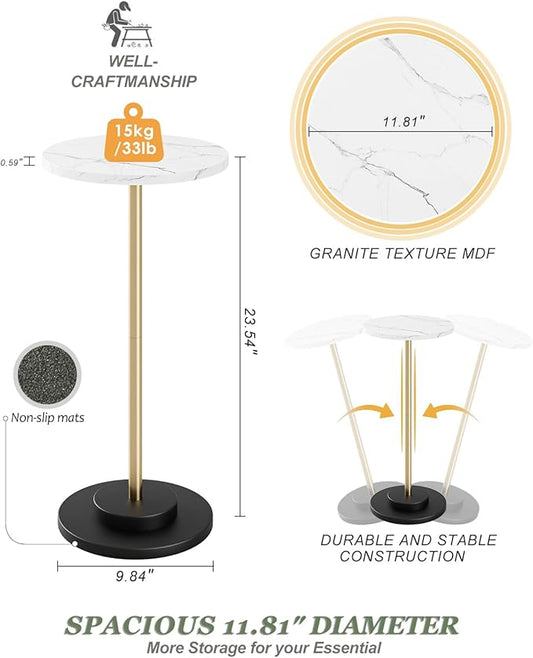 Round Side Table, Small Drink Table for Small Spaces, Modern Accent End Table Coffee Table with Metal Leg for Living Room, Bedroom, Corners, and Office (White Marble)