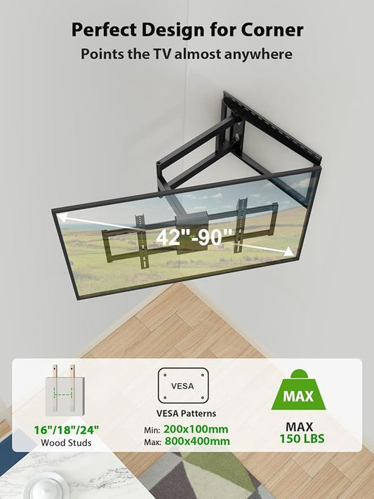 USX Mount Long Arm TV Wall Mount for Most 42-90 inch Television 40 Inch Extension Full Motion TV Mount,Wall Mount Bracket with 90°Swivel Up to 150lbs Fits 16” 18” 20” 24” Stud VESA 800x400mm
