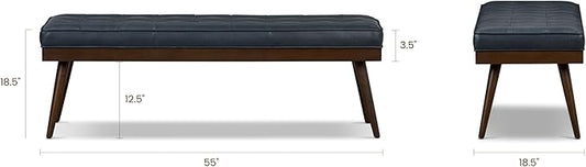 POLY & BARK 55" Tufted Leather Bed Bench for Bedroom End of Bed - Living Room Entry Way Bench - Pure Italian Leather Upholstery with a Solid Wood Frame - Ottoman Bench with Wooden Legs - Deepsky Blue