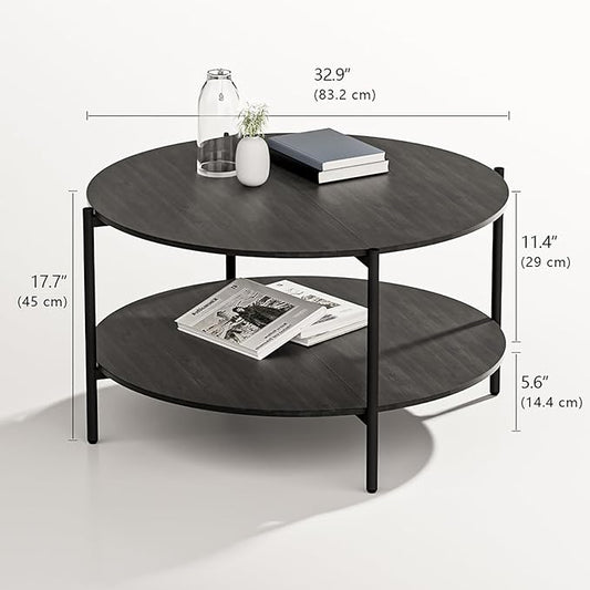Round Coffee Table, 2-Tier 32.9" Circle Coffee Tables with Storage Wood Rustic Farmhouse Center Circular Coffee Table for Living Room Bedroom Balcony Office - Grey
