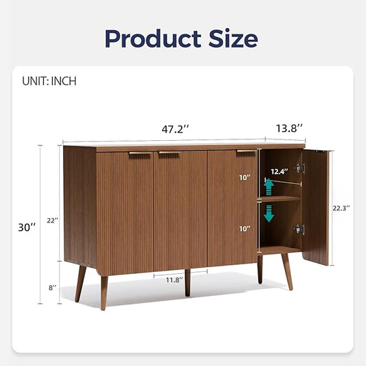 47.2" Buffet Cabinet with 4 Doors, Accent Sideboard Cabinet with Adjustable Shelf, Dining Room Sideboard with Waveform Panel, Credenzas for Living Room, Hallway, Walnut