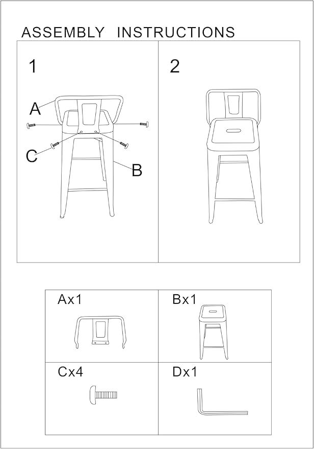 AC Pacific 30” Metal Barstool Set of 2 – Country Rustic Style with Low Back, Lightweight & Sturdy Build, Easy Assembly – Distressed Snow White
