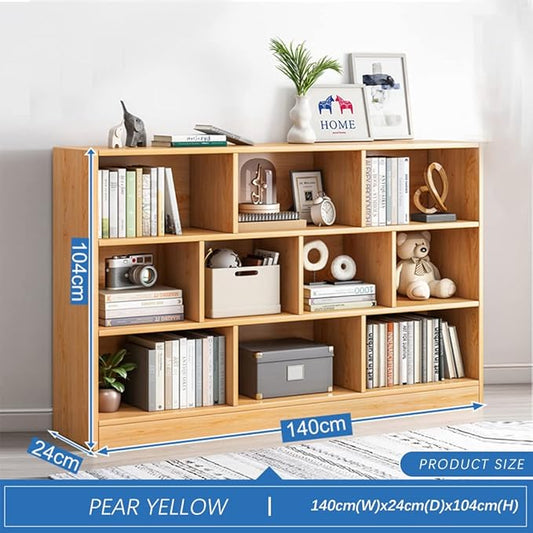 IOTXY Open Shelf Low Bookcase - Wooden 3-Tier Floor Standing Display Cabinet Organizer with Base, 10 Cubes Short Horizontal Bookshelf in Pear Yellow