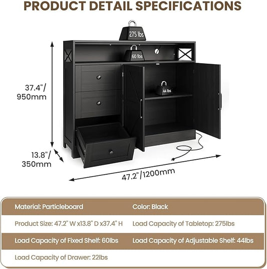 47" Farmhouse Sideboard Buffet Cabinet with Storage & Built-in Power Outlet,Coffee Bar Table Kitchen Buffet Cabinet with 3 Drawers and Barn Doors, Adjustable Shelves for Living Room Dining Room Black