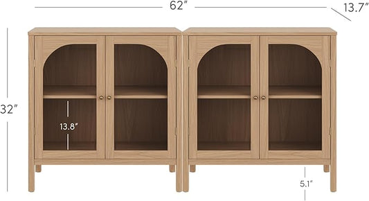 Nathan James Mason Modern Farmhouse TV Stand, Free Standing Accent Sideboard Buffet, Cabinet with Glass Doors and Adjustable Shelf, Clear Glass/Raw Oak Set of 2