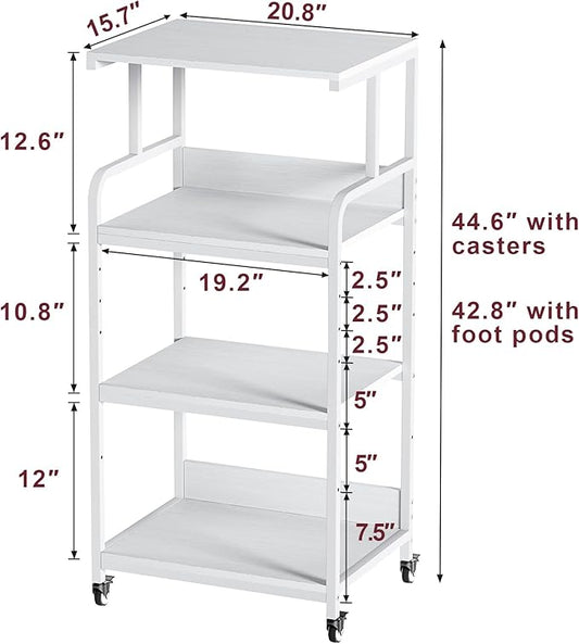 4 Tier White Printer Stand with Storage Shelf, Large Tall Printer Table for Home Office, Rolling Printer Cart with Industrial Wheels for Paper Shredder Scanner Fax Heat Press Small Space (White)