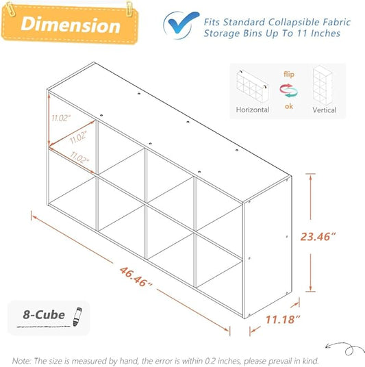 8 Cube Organizer Bookcase - Fabric Storage Bins Container, Open Shelf Simple Compartments Bookshelf, Oak