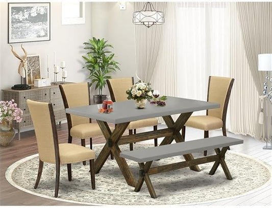 East West Furniture X797VE703-6 6 Piece Dining Set Contains a Rectangle Dining Room Table with X-Legs and 4 Brown Linen Fabric Parson Chairs with a Bench, 40x72 Inch, Multi-Color