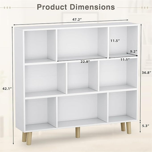 YESHOMY 9 White Cube Bookcase, Open Frame 3-Tier Book Shelf, Bookshelf Storage Organizer with Feet & Anti-Tilt Device for Organization, Room Decor
